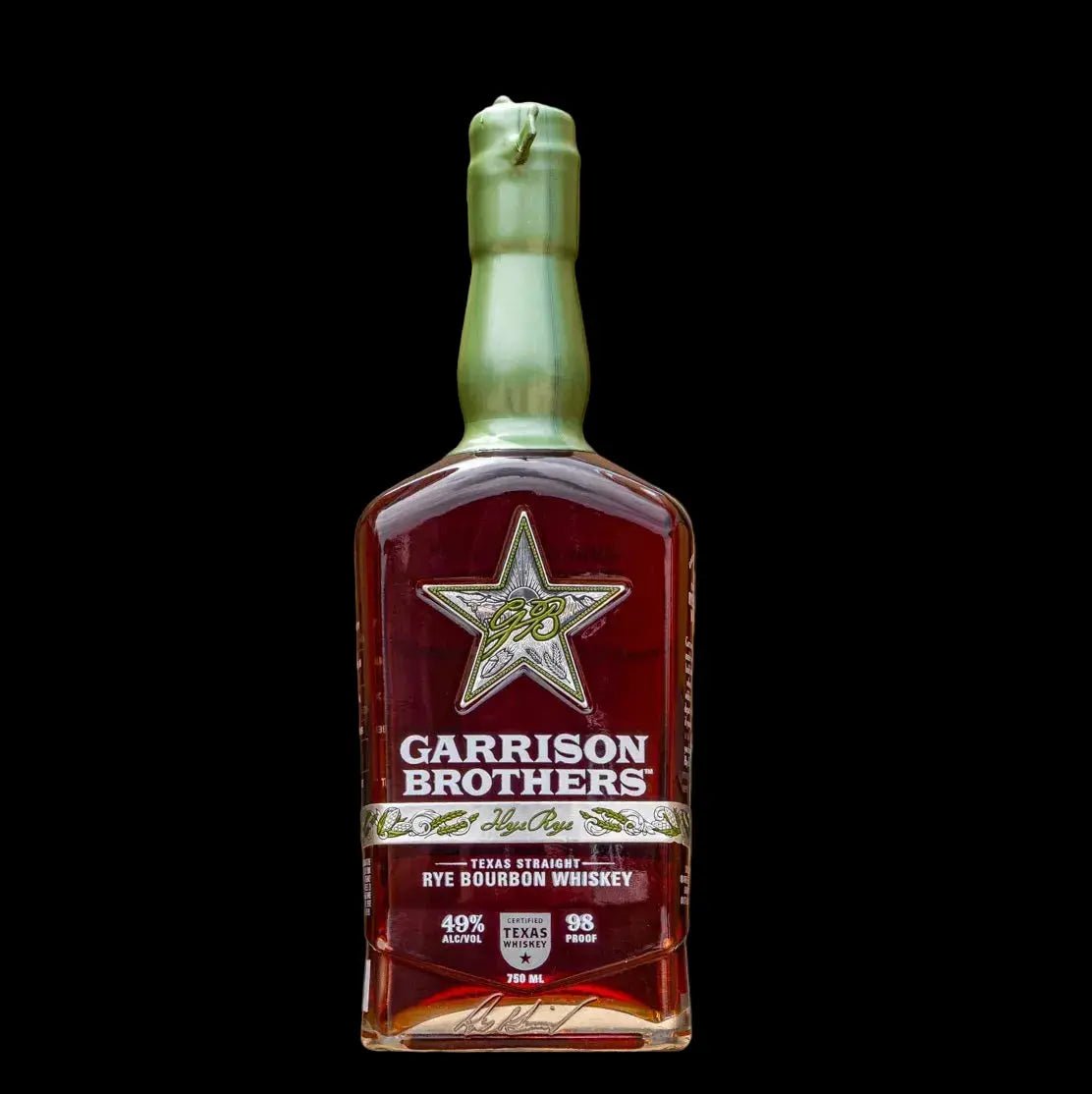 A bottle of Garrison Brothers Hye Rye Bourbon Whiskey 2026, a limited release Texas straight rye bourbon from Garrison Brothers, featuring a gold wax seal and a star logo on the front, is displayed against a black background.