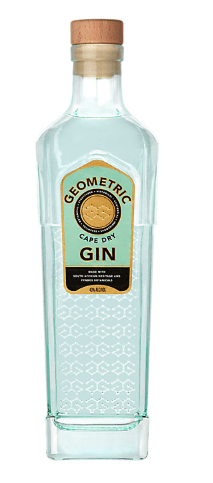 A clear glass bottle of Geometric Cape Dry Gin by Geometric, featuring a wooden cap, light blue and gold label, and white geometric patterns printed on the lower half.