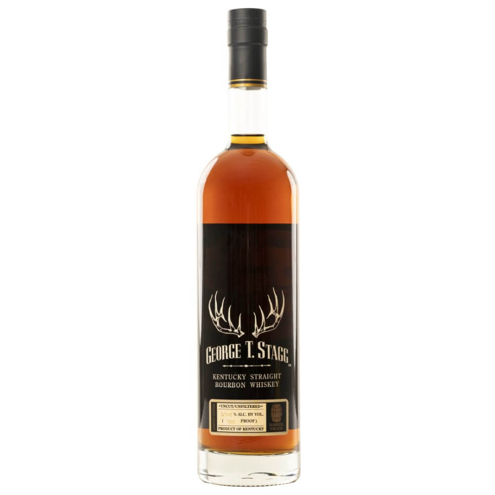 A tall bottle of George T. Stagg Bourbon by Buffalo Trace, 2024 release, features dark amber liquid, a black cap, and an antler-adorned label with gold and white text—an icon among the best American whiskies.