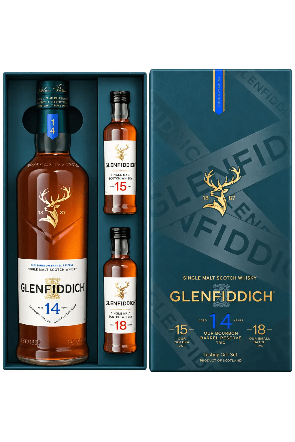 Glenfiddich 14 Year Single Malt Scotch Whisky Limited Edition Gift Set with 15 & 18 Year 50mL - BuyMyLiquor