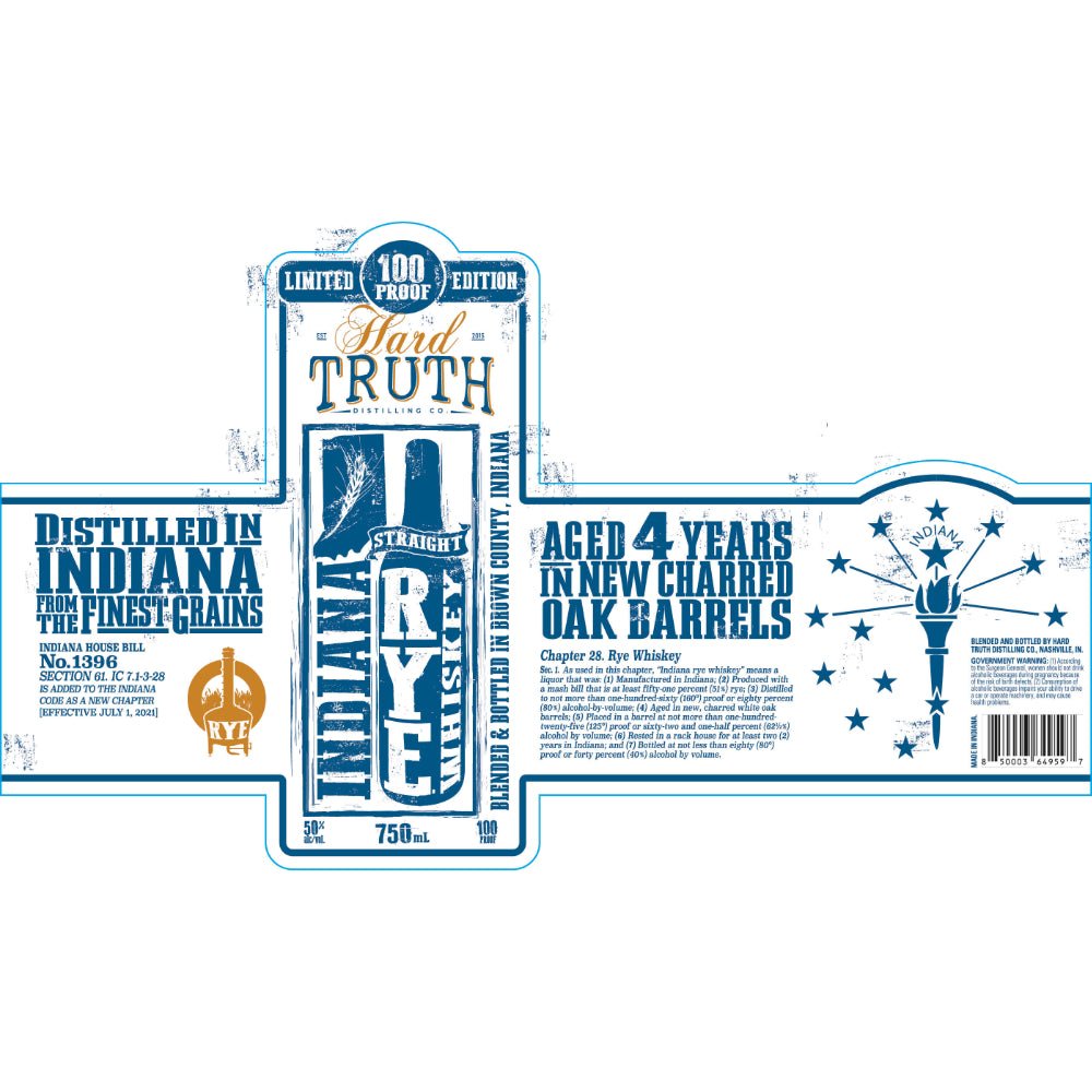 Hard Truth 100 Proof Indiana Straight Rye Limited Edition Rye Whiskey Hard Truth Distilling Co.   