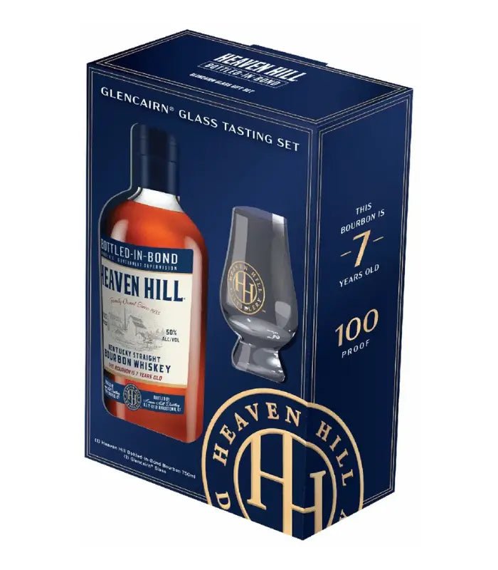 The Heaven Hill 7 Year Old Bourbon Gift Set includes a bottle of 100 proof, 7-year-aged Bourbon and a branded Glencairn glass, all presented in exclusive packaging.
