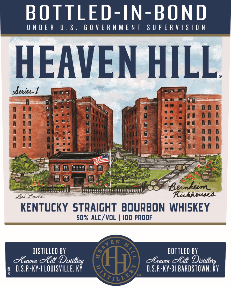 The Heaven Hill Bottled in Bond Artist Series 7 Year Bourbon label by Heaven Hill Distillery features brick buildings, green trees, and bold text with “100 Proof” and “50% Alc/Vol.” highlighted on its classic limited-edition design.