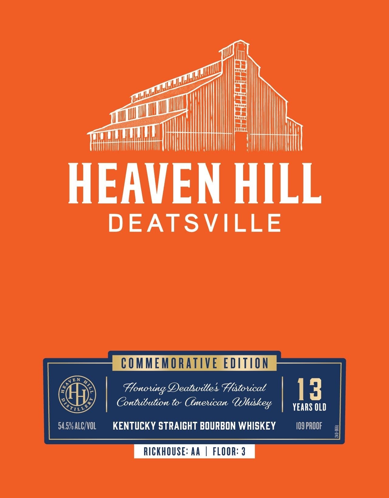 An orange label with a white illustration of Heaven Hill Distillery's Deatsville site adorns this bottle of Heaven Hill Deatsville 13 Year Commemorative Edition Kentucky Straight Bourbon, marked by a blue and gold plaque.