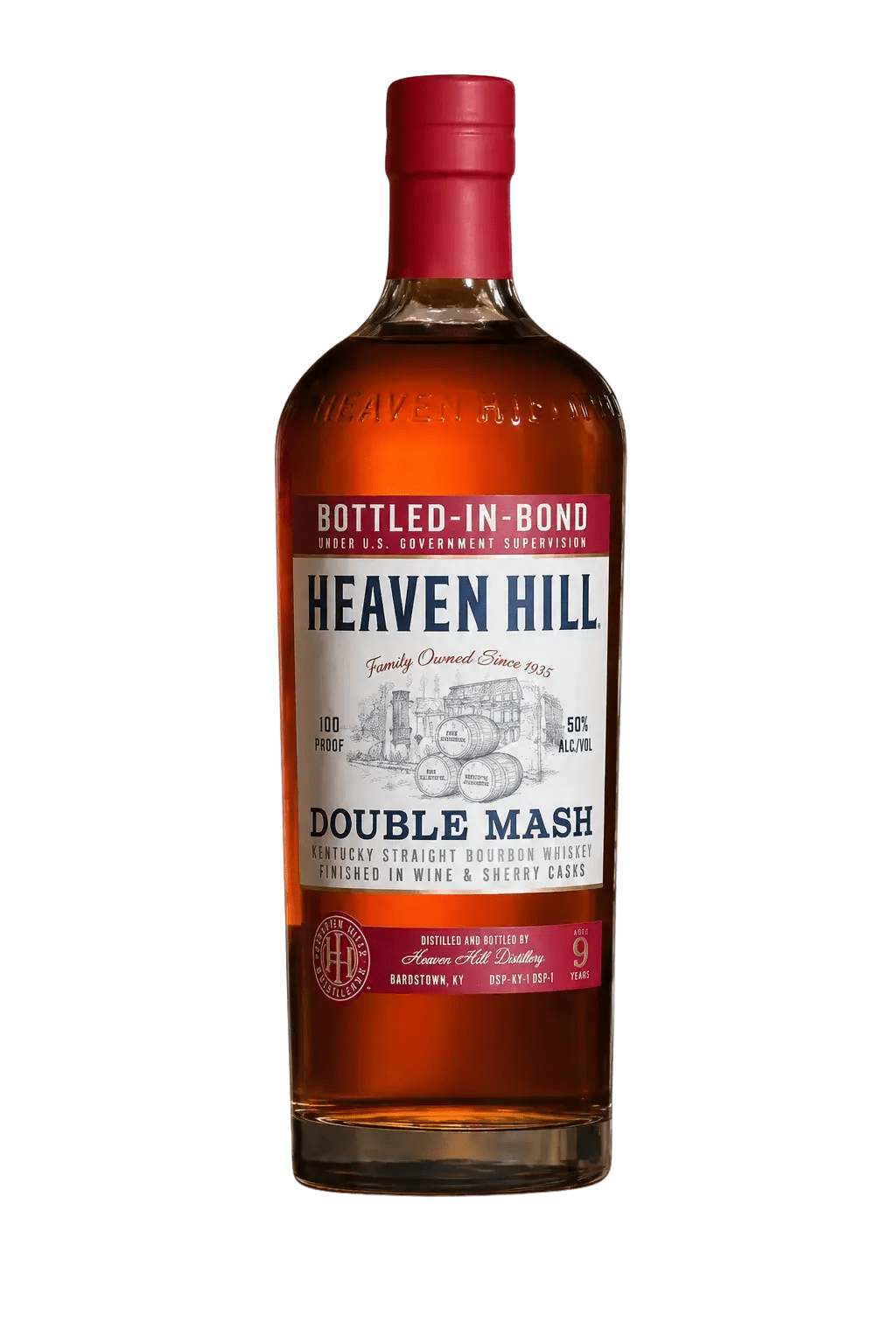 A bottle of Heaven Hill Double Mash Bottled-in-Bond Bourbon by Heaven Hill, featuring a red cap and label, "Bottled-in-Bond" and "100 Proof" text, and an illustrated distillery on the front.
