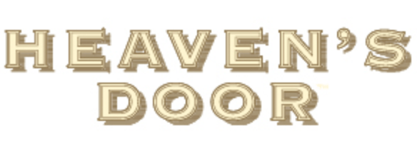 The image displays "HEAVENS DOOR" in large, bold, beige, shadowed letters on a white background, capturing the unique character of Heaven's Door Whiskey's Single Barrel Select Kentucky Straight Bourbon Whiskey Cask Strength.
