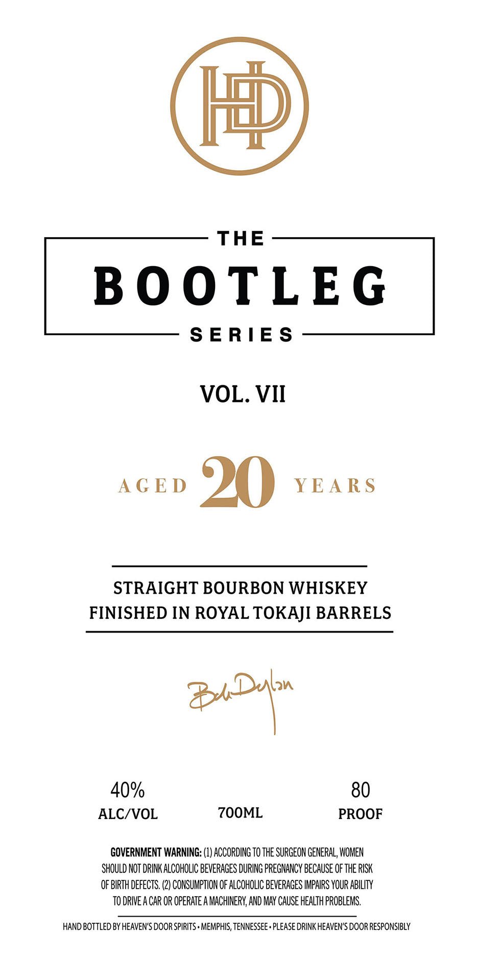 Label for Heaven's Door Whiskey The Bootleg Series Vol. VII 20 Year Bourbon Finished in Royal Tokaji Barrels, features gold logo, 40% ABV, 700ml bottle, and signature.