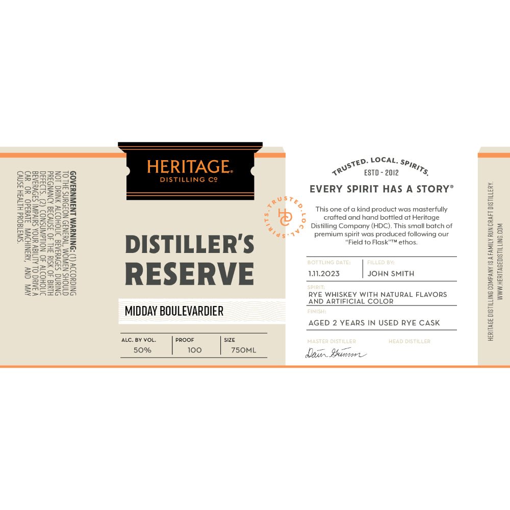 Heritage Distilling Distiller’s Reserve Midday Boulevardier Rye Whiskey Rye Whiskey Heritage Distilling Co.   