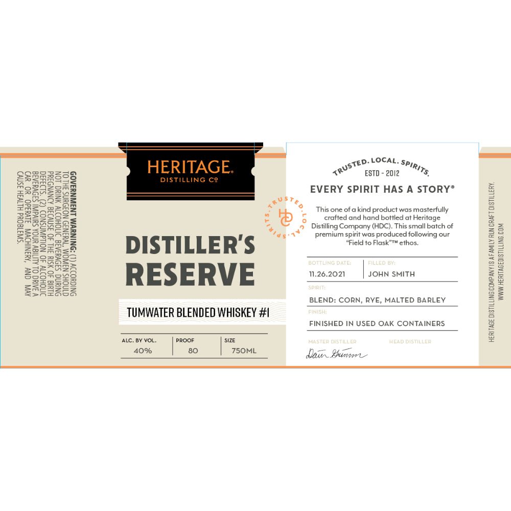 Heritage Distilling Distiller’s Reserve Tumwater Blended Whiskey #1 American Whiskey Heritage Distilling Co.   