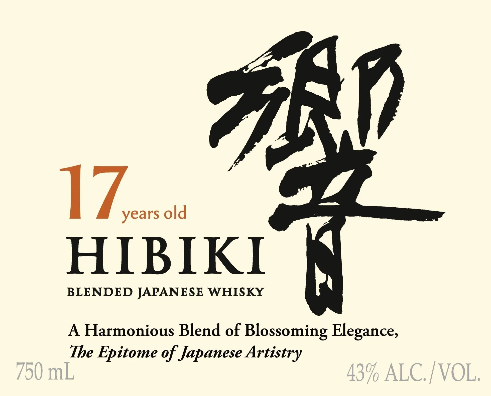 The Hibiki 17 Year Old Blended Japanese Whisky label features bold Japanese calligraphy, English text, and details such as 750 mL and 43% ALC./VOL. Crafted by Hibiki, this renowned whisky reflects the elegance and artistry of Japanese blending, embodying harmonious flavor and refined craftsmanship.