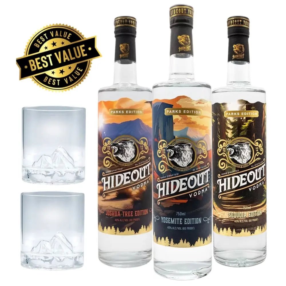 Hideout Vodka Parks Edition 3 Pack With 2 Free Mountain Glasses - BuyMyLiquor