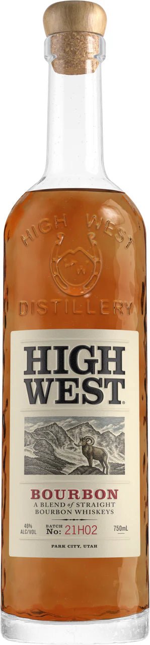 A bottle of High West Bourbon A Blend of Straight Bourbon Whiskeys by High West Distillery, with a clear label showing a cowboy on horseback and details about its aging in American oak barrels.