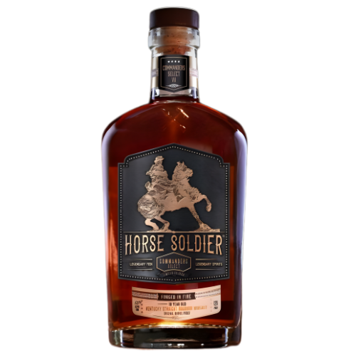 A bottle of Horse Soldier Bourbon Commander’s Select VII 10 Year Barrel Proof Bourbon, a limited edition with a bronze label embossed with a horse and rider, highlighting this Kentucky Straight Bourbon Whiskey.