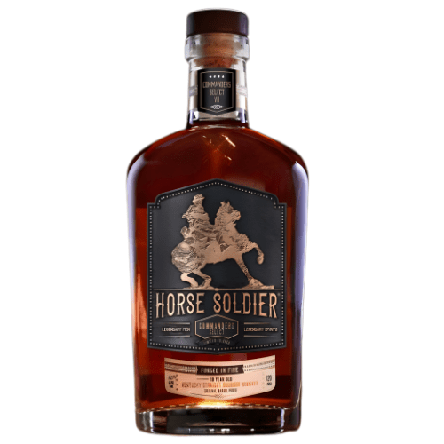 A bottle of Horse Soldier Bourbon Commander’s Select VII 10 Year Barrel Proof Bourbon, a limited edition with a bronze label embossed with a horse and rider, highlighting this Kentucky Straight Bourbon Whiskey.