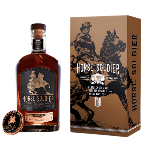 A bottle of Horse Soldier Commander’s Select VII 10 Year Barrel Proof Bourbon by Horse Soldier Bourbon, with matching cork and box. Both feature a black and gold label with a soldier on horseback; the box displays bold "Horse Soldier" text.