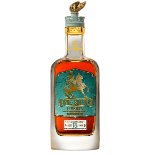 Horse Soldier Bourbon’s limited edition Liberty 13 Year Bourbon Whiskey (PRE-ORDER) features a teal and gold label with a horseback soldier and a gold cap topped with a horse head. Aged to ultra-premium perfection for 13 years.