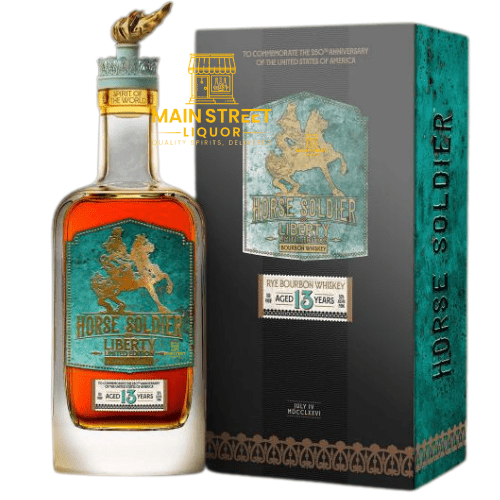 A bottle of Horse Soldier Liberty 13 Year Bourbon Whiskey Limited Edition (PRE-ORDER) from Horse Soldier Bourbon stands beside its teal and gold decorative box, both displaying the distinctive horse-and-rider logo and commemorative details.