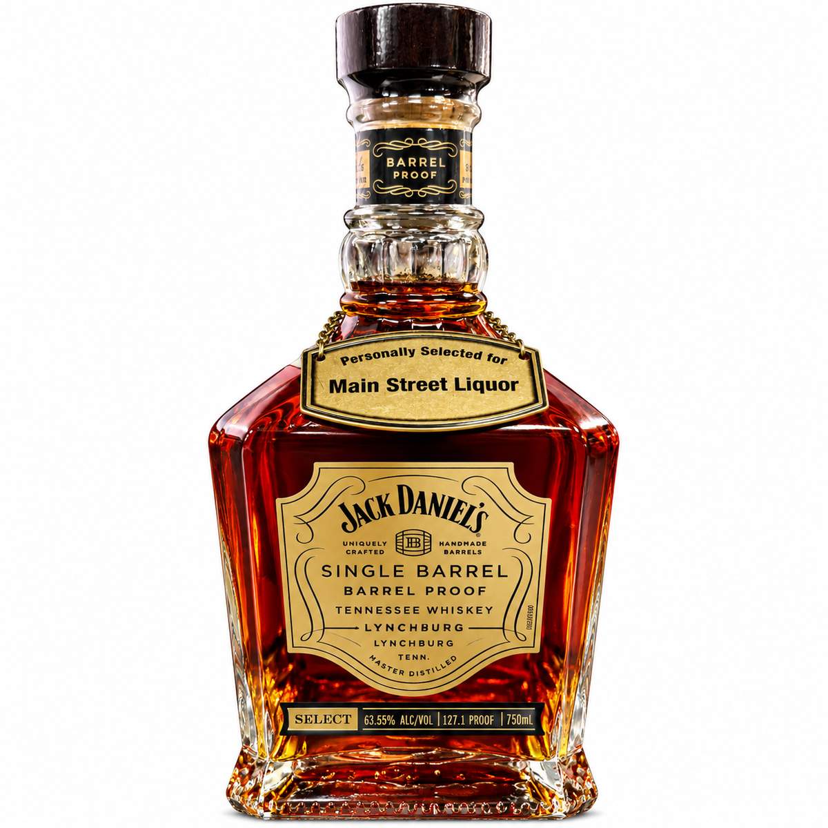 A 750ml bottle of Jack Daniel’s Single Barrel Barrel Proof Tennessee Whiskey, Main Street Liquor Private Selection (Barrel #26-03949, 127.1 proof), featuring an exclusive beige label for Main Street Liquor.