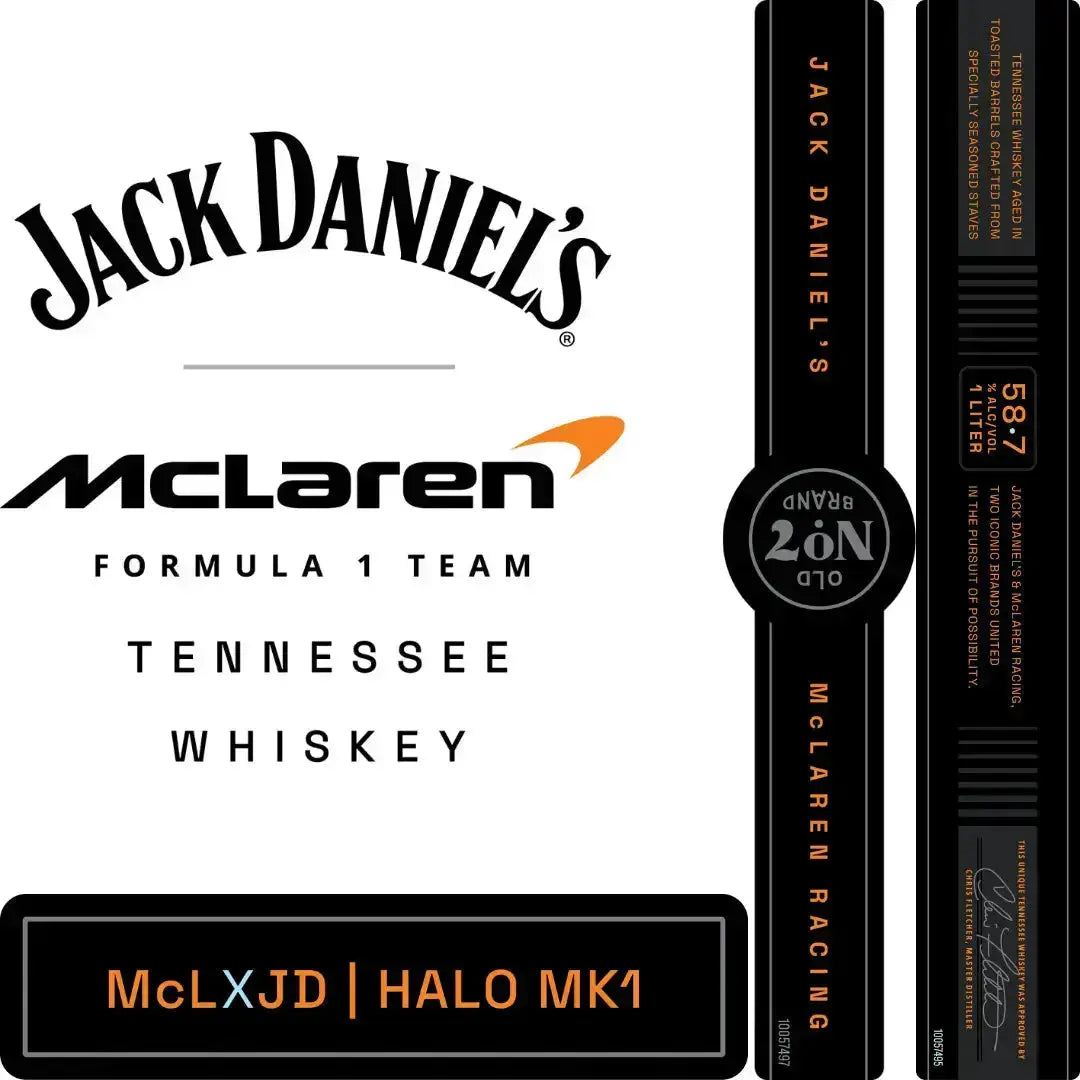 Jack Daniel’s X McLaren Halo Prestige Tennessee Whiskey Limited Edition 1L features co-branded design, “Tennessee Whiskey,” McLaren Racing and HALO MK1 references—a true Formula 1 collector’s item.