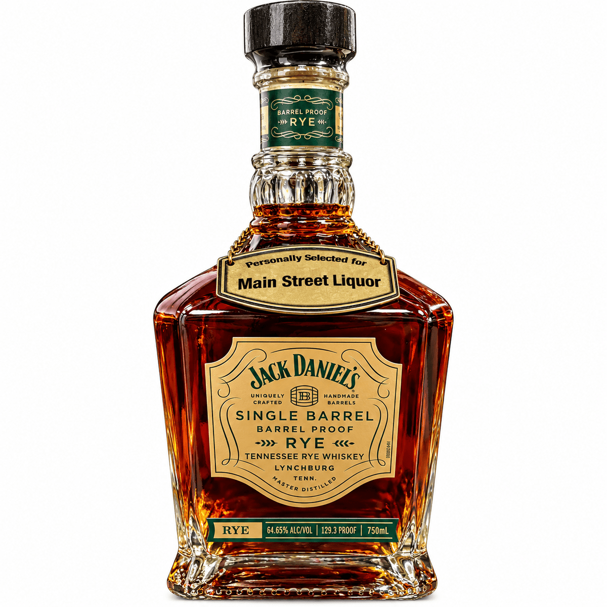 A 750ml bottle of Jack Daniel’s Single Barrel Barrel Proof Rye, Main Street Liquor Private Selection (Barrel #26-03916), 129.3 proof, featuring a custom label: “Personally Selected for Main Street Liquor.”.