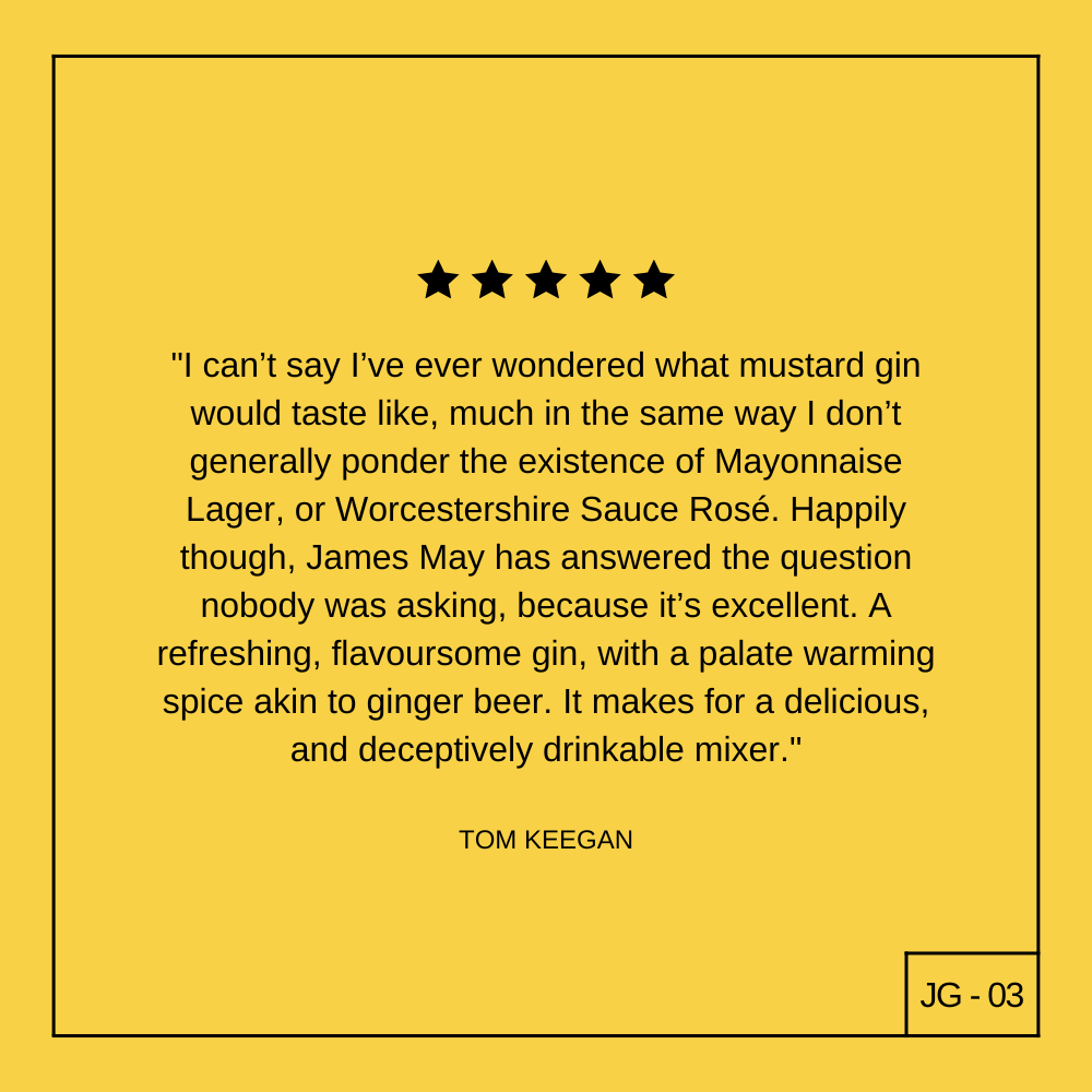 A yellow square with a black star rating, a review of James Gin American Ramstud 700mL W/ Souvenir Gift Key Chain by Tom Keegan, and label JG - 03 in the bottom right. Text is centered, framed by a thin black border.