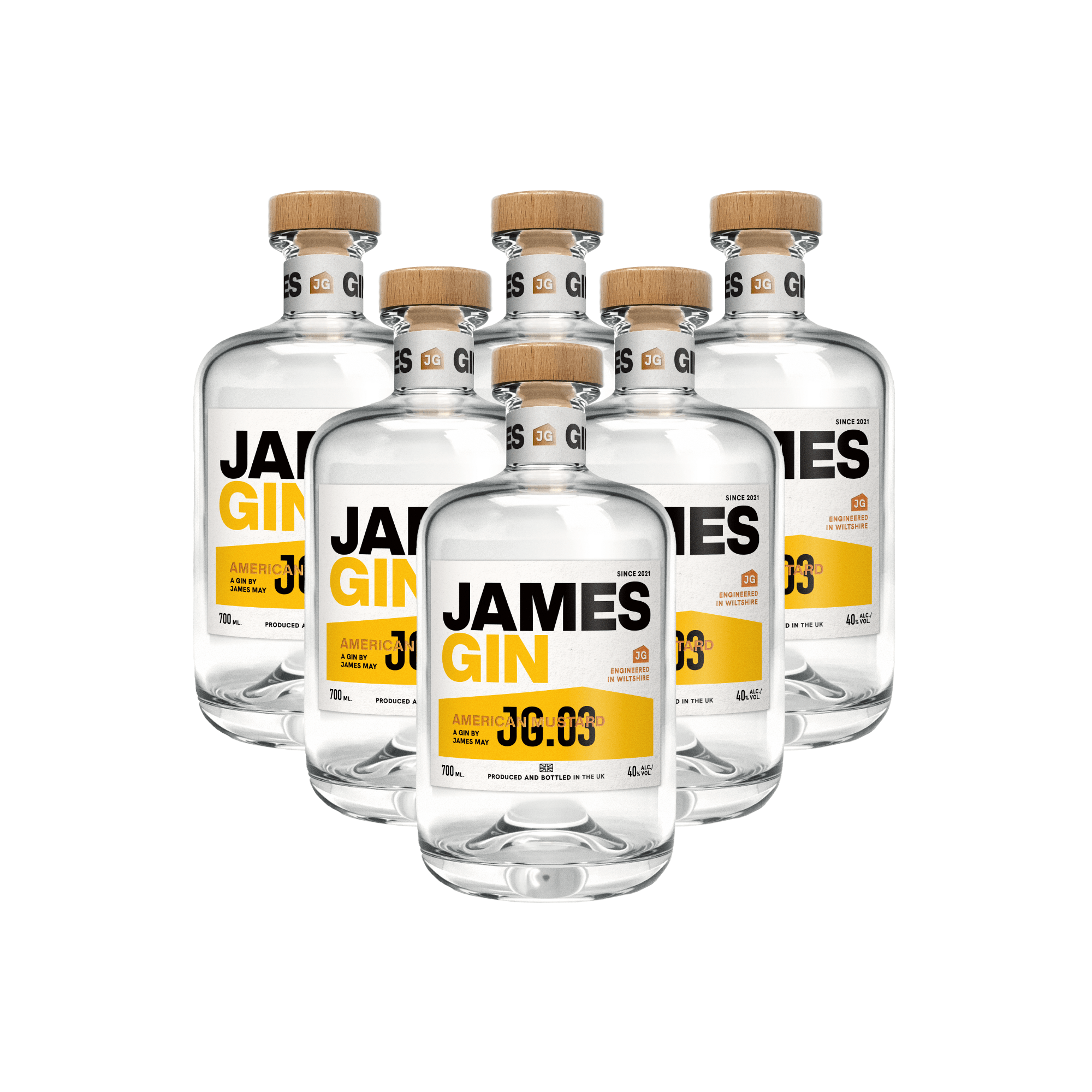 Six clear bottles of James Gin American Ramstud 700mL with wooden caps are arranged in two rows, featuring bold yellow and black labels and come with a souvenir gift key chain.