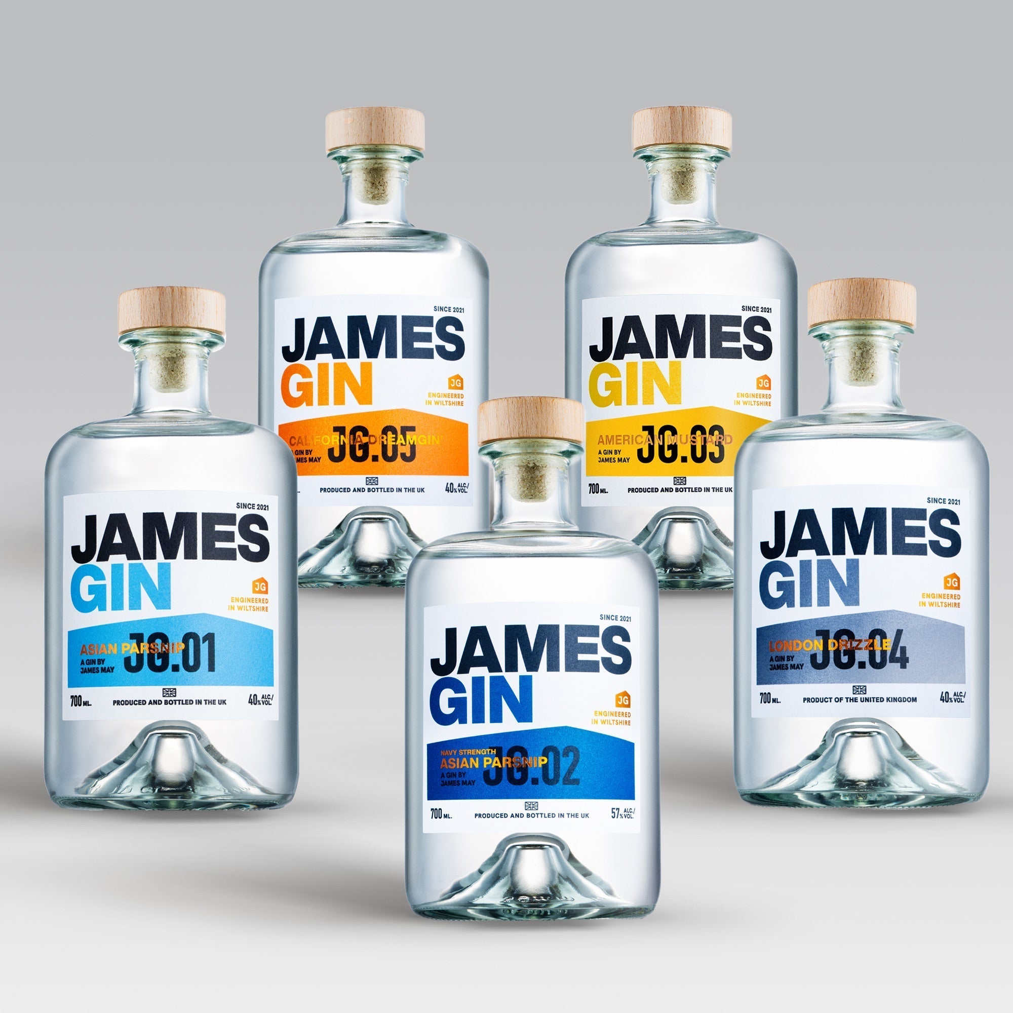 The James Gin US "The Famous Five" 5 Bottle Bundle with souvenir gift key chain is displayed against a gradient gray backdrop, each bottle featuring bold text and colored accents—a perfect craft gin collection for enthusiasts.