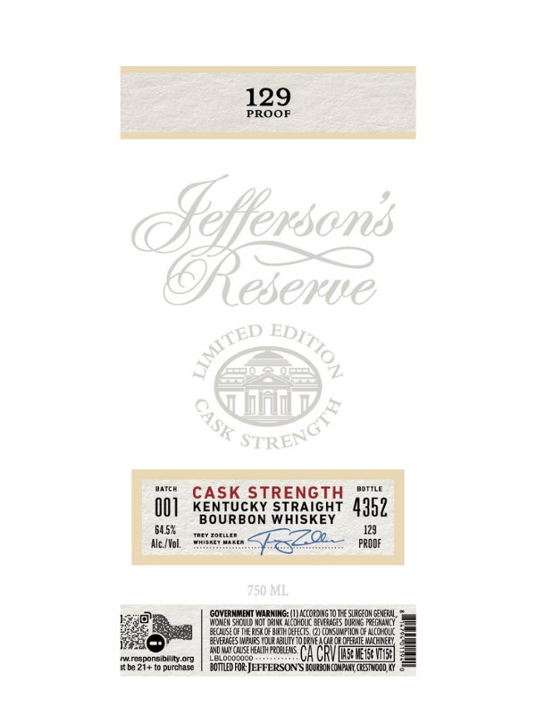 Jefferson's Reserve Limited Edition Cask Strength Kentucky Straight Bourbon Whiskey - Main Street Liquor