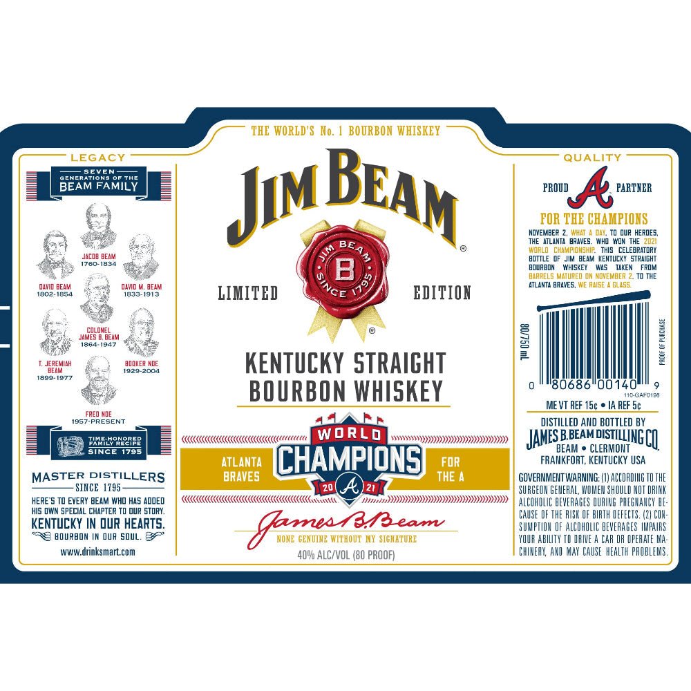 Jim Beam Atlanta Braves 2021 World Champions Bourbon Jim Beam   
