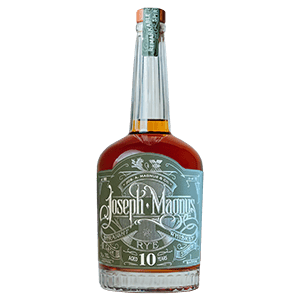 A bottle of Joseph Magnus 10 Year Cask Strength Rye Whiskey, a high-proof rye from Joseph Magnus, crafted with a 95% rye mash bill and presented with a green and white ornate label and a wax-sealed cork.