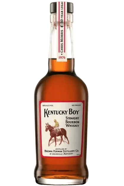A bottle of Kentucky Boy Chris Morris 50-Year Legacy Straight Bourbon Whiskey from Brown-Forman. The label depicts a person on a horse and features text indicating 90% alcohol, 100 proof, as well as distillery information from Louisville, Kentucky. The neck tag reads “Chris Morris | 50th Year Legacy,” commemorating the legendary Brown-Forman master distiller’s remarkable anniversary.