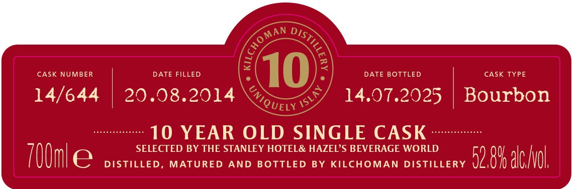 Kilchoman 10 Year Old 100% Islay Bourbon Single Cask Scotch Whisky, cask #14/644, bottled at cask strength (52.8% ABV), 700mL. Selected by Stanley Hotel & Hazel’s Beverage World.