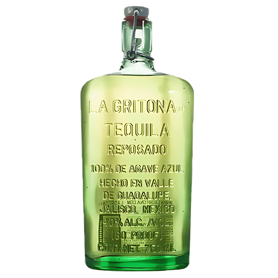 A green glass bottle of La Gritona Reposado Tequila 750mL, crafted from 100% blue weber agave, features embossed details on origin, alcohol content, and capacity. The La Gritona bottle comes with a distinctive swing top cap.
