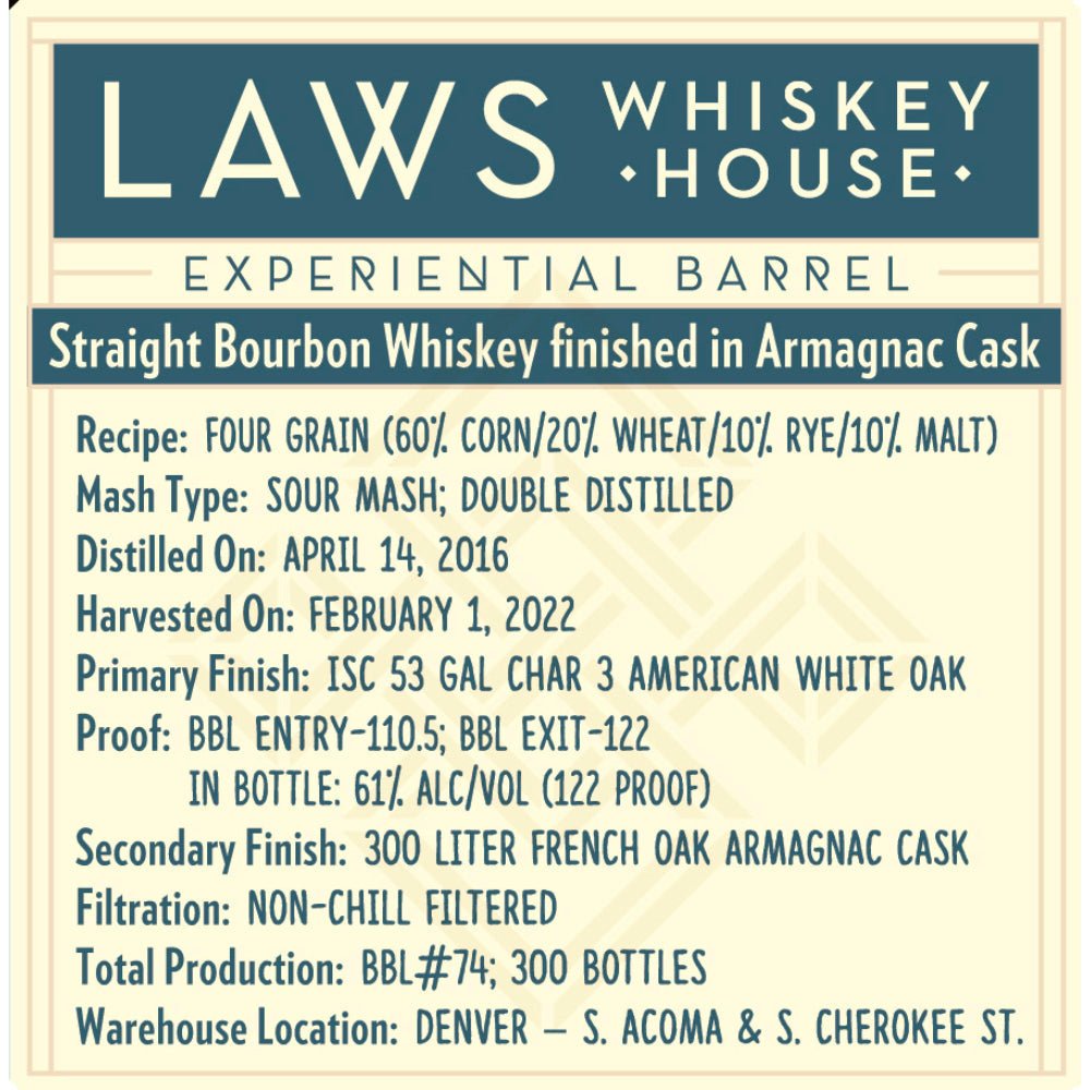 Laws Experiential Barrel Straight Bourbon Finished in Armagnac Cask Bourbon Laws Whiskey House   