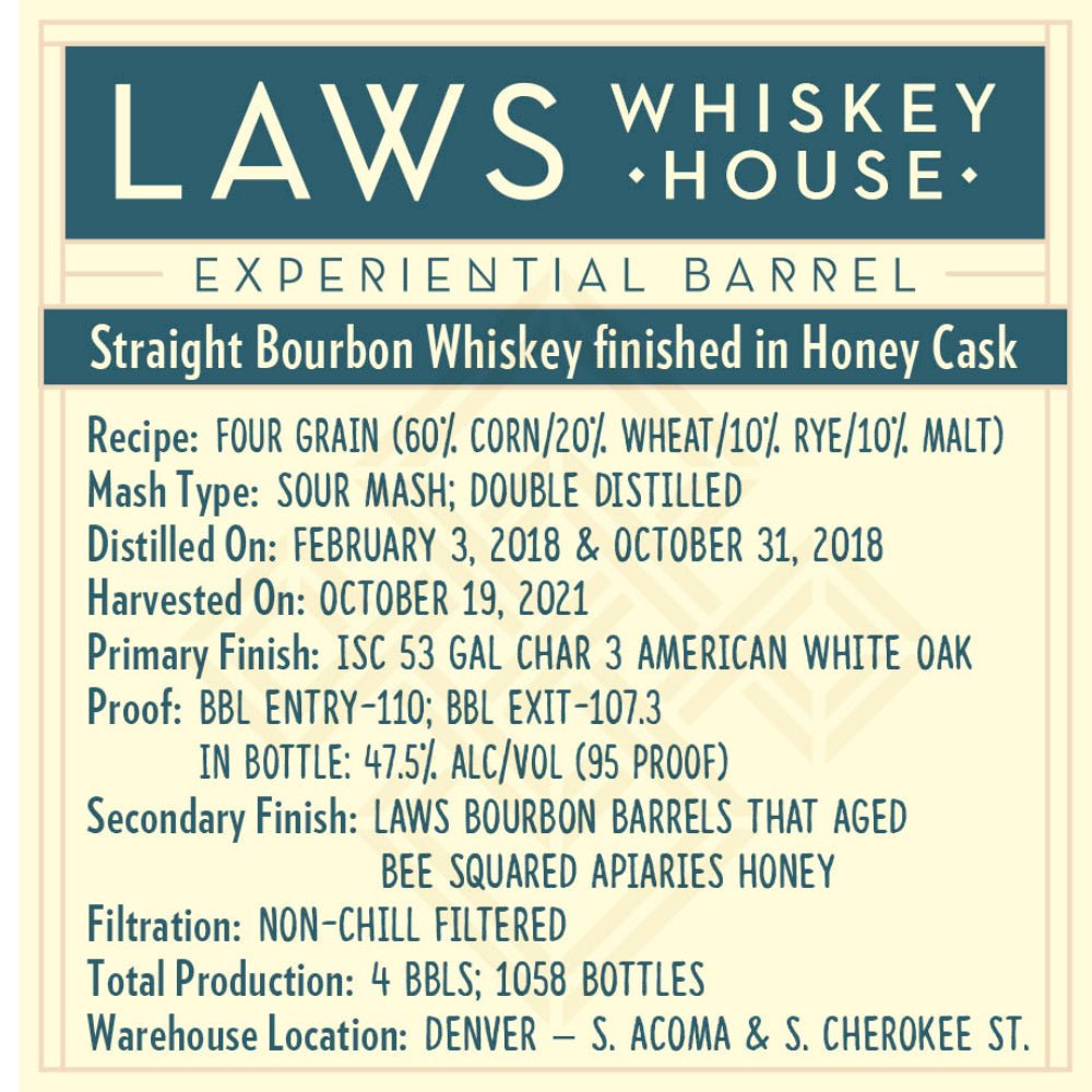 Laws Experiential Barrel Straight Bourbon Finished in Honey Cask Bourbon Laws Whiskey House   