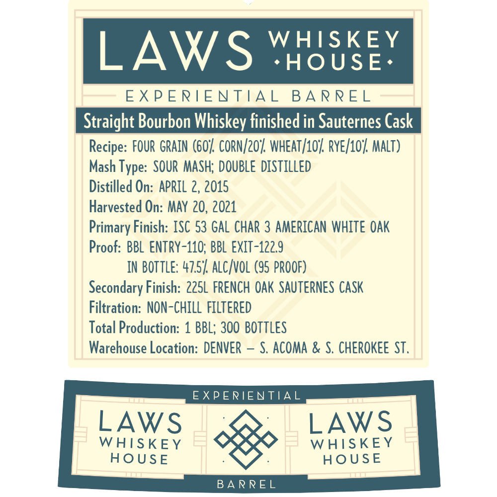 Laws Experiential Barrel Straight Bourbon Finished in Sauternes Casks Bourbon Laws Whiskey House   