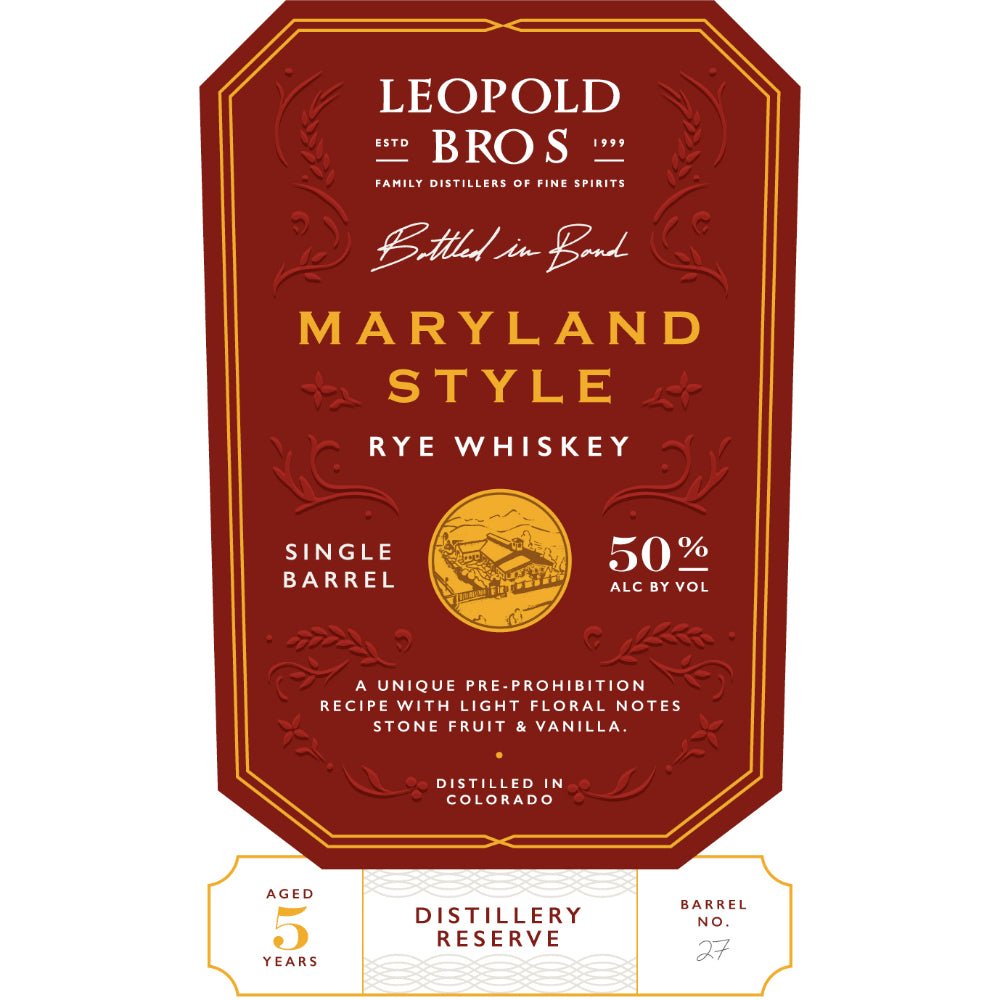 Leopold Bros Distillery Reserve Maryland Style Rye Rye Whiskey Leopold Bros   