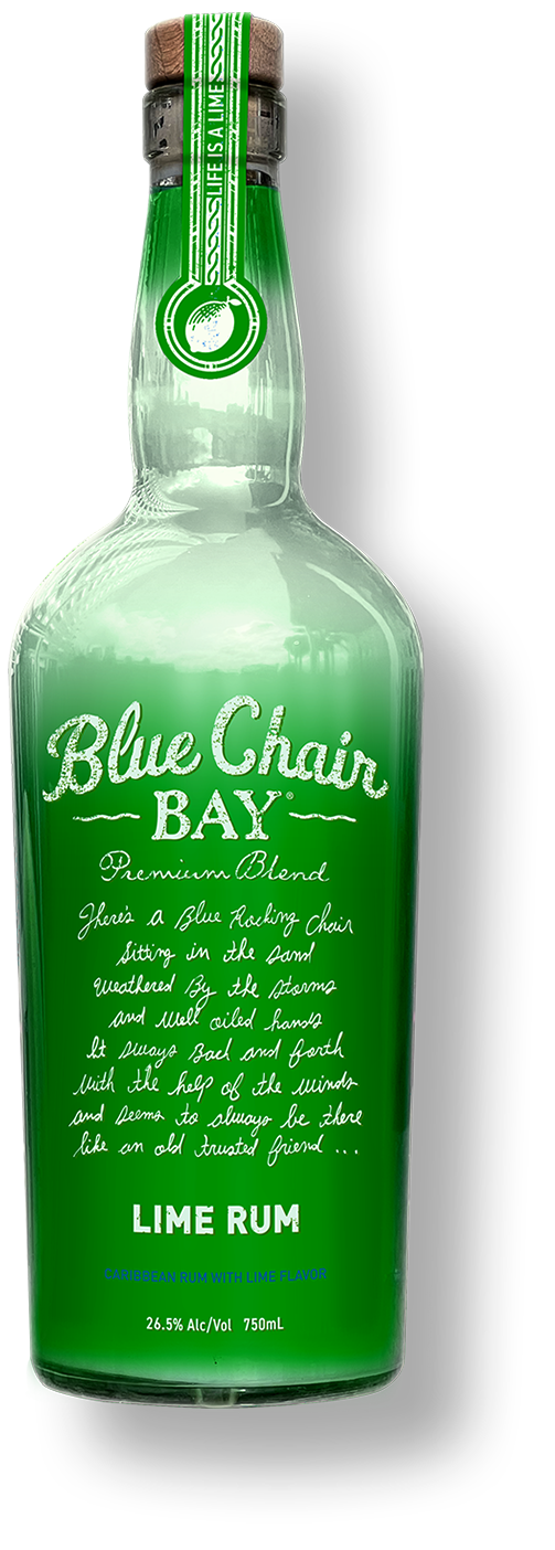 A green glass bottle labeled Blue Chair Bay Lime Rum by Kenny Chesney features white text, a green neck seal, and highlights its refreshing lime flavor. This Caribbean rum from Blue Chair Bay Rum has 26.5% ABV in a 750mL bottle.