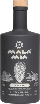 A matte black bottle of Mala Mia Ensamble Mezcal Artesanal features silver agave and geometric designs, a label with artisanal mezcal Oaxaca details in Spanish, and is finished with a wooden cap.