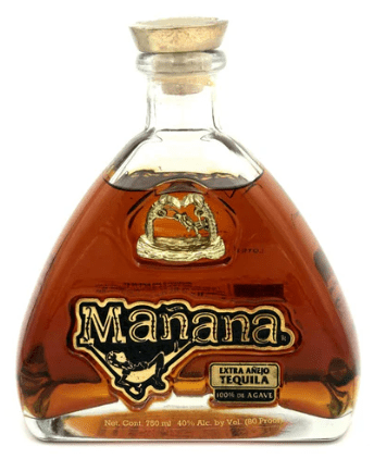 A bottle of Manana Extra Anejo Tequila – Premium Aged 100% Agave Tequila by Manana, featuring amber spirit and gold-and-black decorative labels, finished with a cork stopper.
