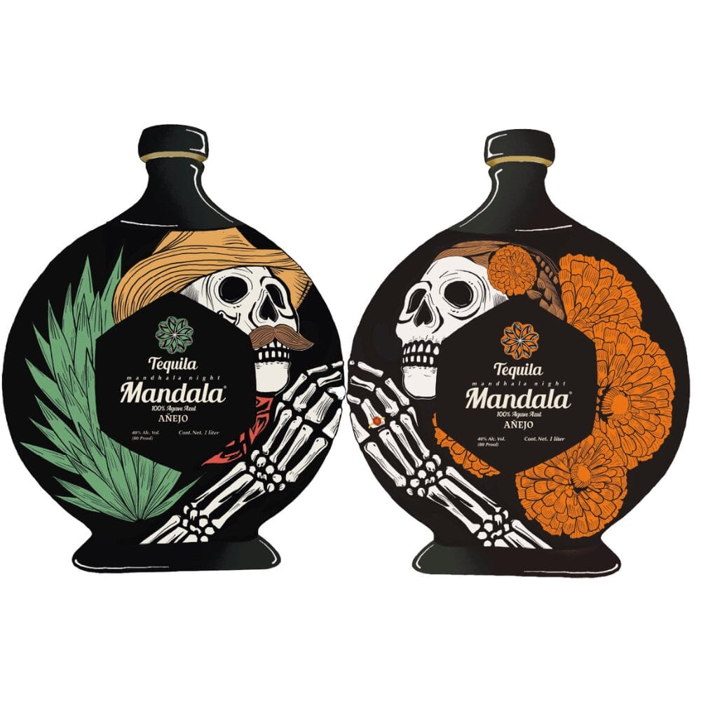 Mandala Tequila Añejo Día de los Muertos limited edition bottles with artistic skeleton designs.