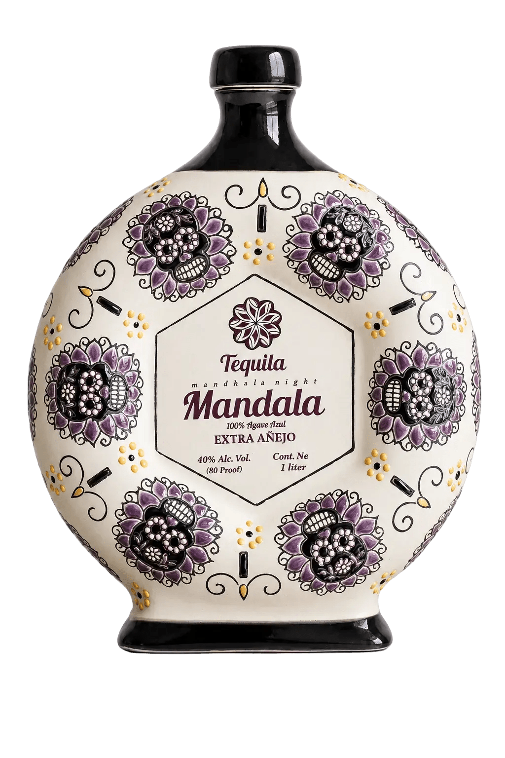 A round, decorative bottle of Tequila Mandala’s Extra Añejo Día de los Muertos “Guardians of Time” 2026 Limited Edition 1L (Pre-Order), adorned with purple floral patterns and black accents on a white background, featuring a central label with product details. This exclusive tequila is an elegant homage to artistry and tradition, making it perfect for collectors and enthusiasts alike.