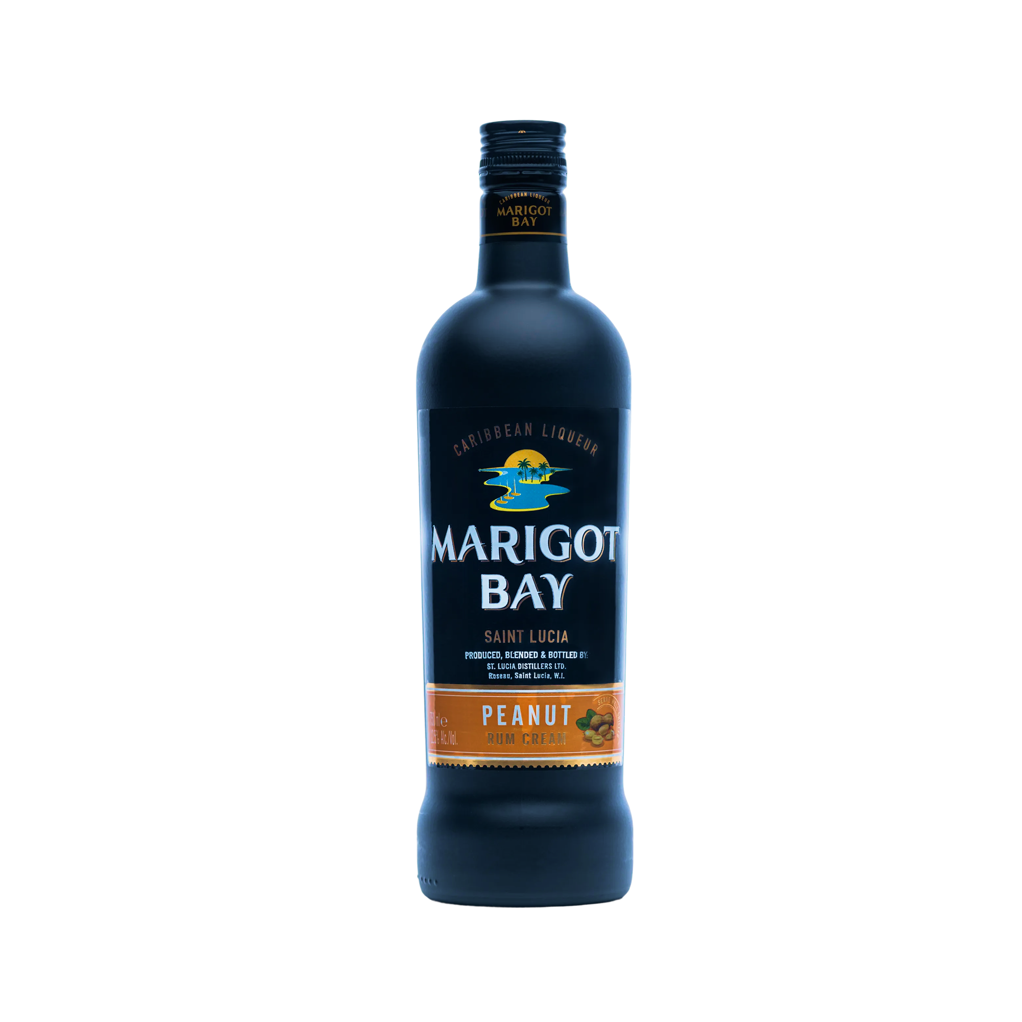 A dark blue bottle of Marigot Bay Peanut Rum Cream Liqueur by Marigot Bay Rum, Saint Lucia, with a label showing peanuts and a blue and yellow bird—evoking the flavor of a Caribbean peanut punch cocktail.