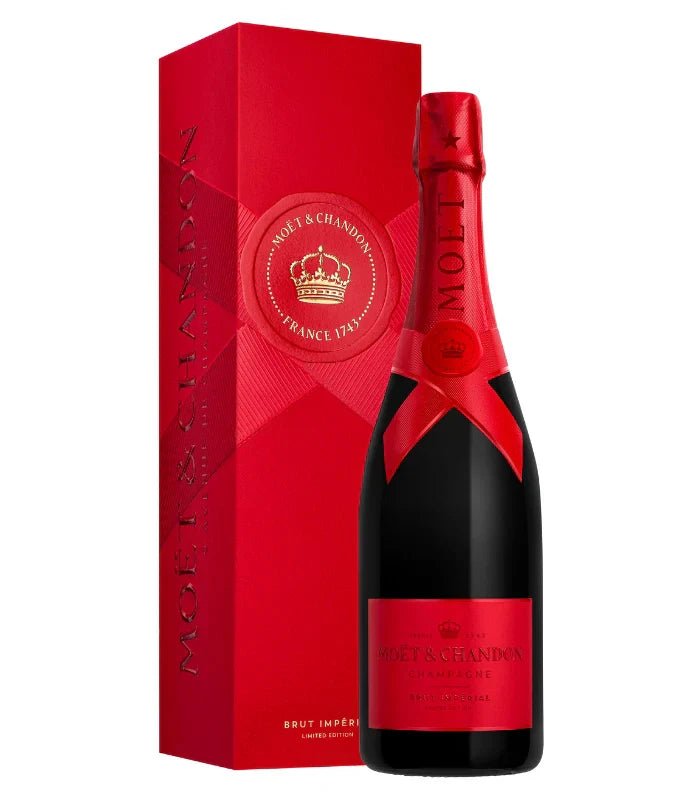 The Möet & Chandon Imperial Brut Red Holiday 2025 Limited Edition champagne features a festive red and gold label, wrapped in red foil, with a matching gift box—ideal for celebrating the 2025 holidays in style.