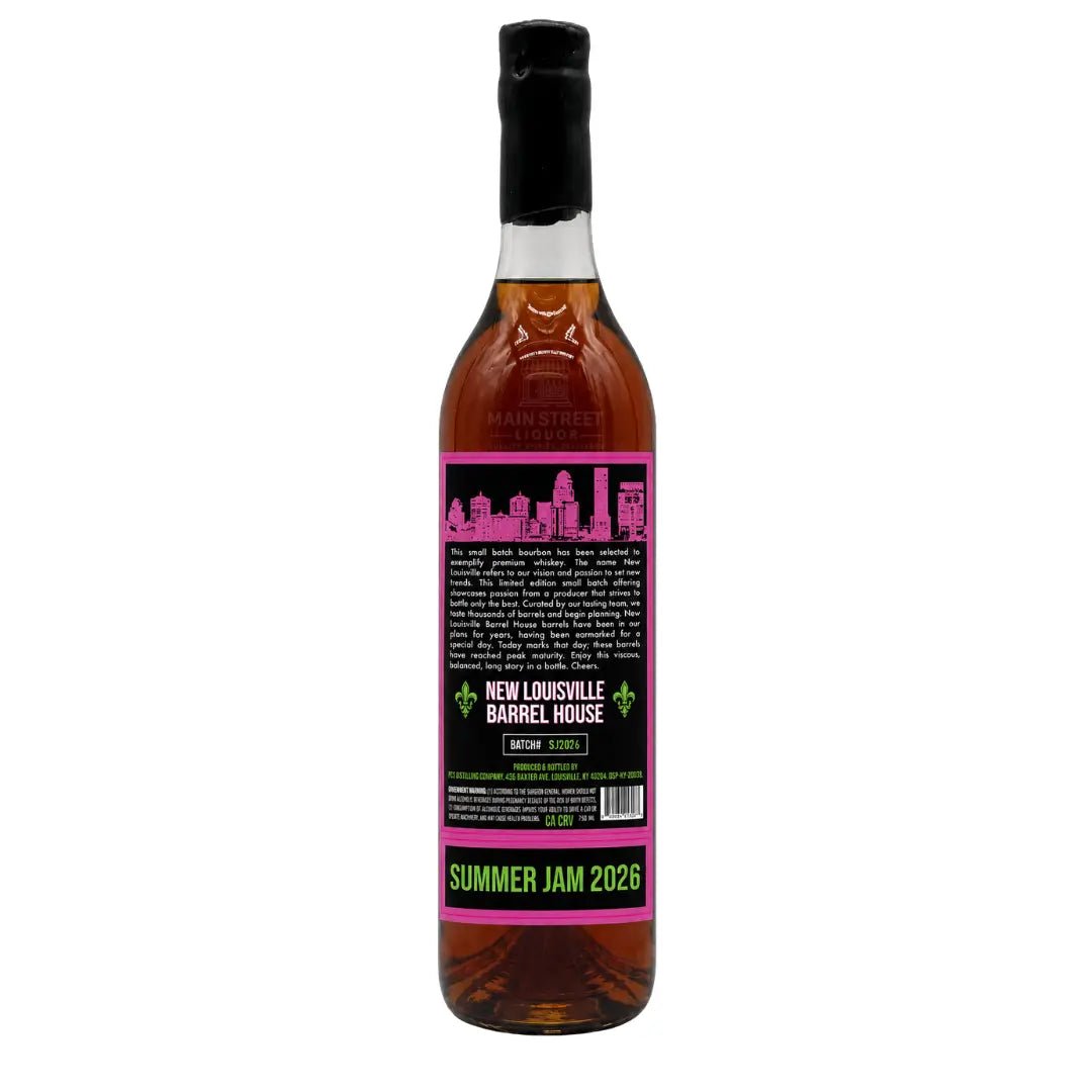 A bottle of Nulu New Louisville 8 Year “Summer Jam” 142.6 Proof Straight Bourbon Whiskey (Pre-Order), featuring a black label with a pink cityscape graphic and green accents, labeled with “Summer Jam 2026” at the bottom.