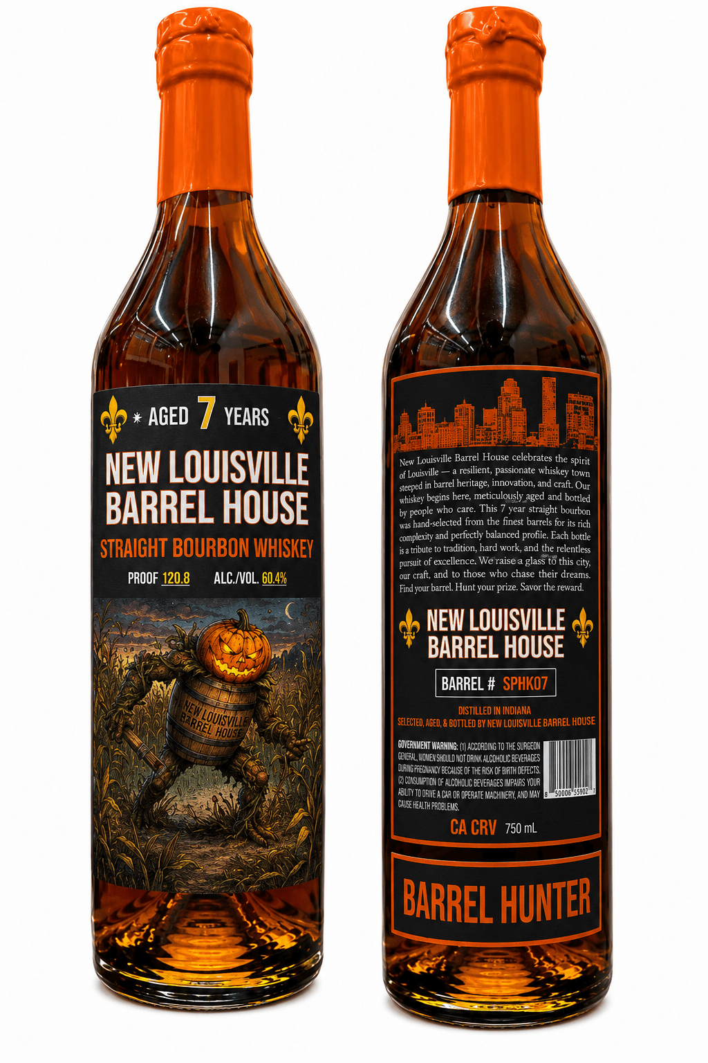 Two bottles of Nulu New Louisville Barrel House "Barrel Hunter" Halloween Edition 7 Year Bourbon 750mL (Pre-Order) with orange caps, displaying both the front and back labels. The front label features a barrel set in a field, while the back highlights product information along with the words BARREL HUNTER in striking orange. This special edition straight bourbon presents a distinctive offering for collectors and enthusiasts seeking something unique for Halloween.