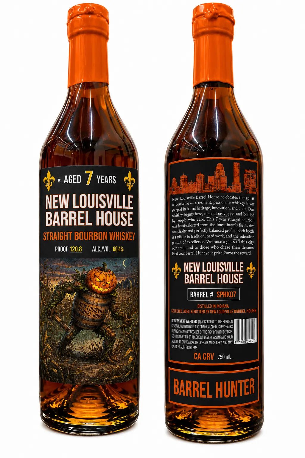 Two bottles of Nulu New Louisville Barrel House "Barrel Hunter" Halloween Edition 7 Year Bourbon 750mL (Pre-Order) with orange caps, displaying both the front and back labels. The front label features a barrel set in a field, while the back highlights product information along with the words BARREL HUNTER in striking orange. This special edition straight bourbon presents a distinctive offering for collectors and enthusiasts seeking something unique for Halloween.