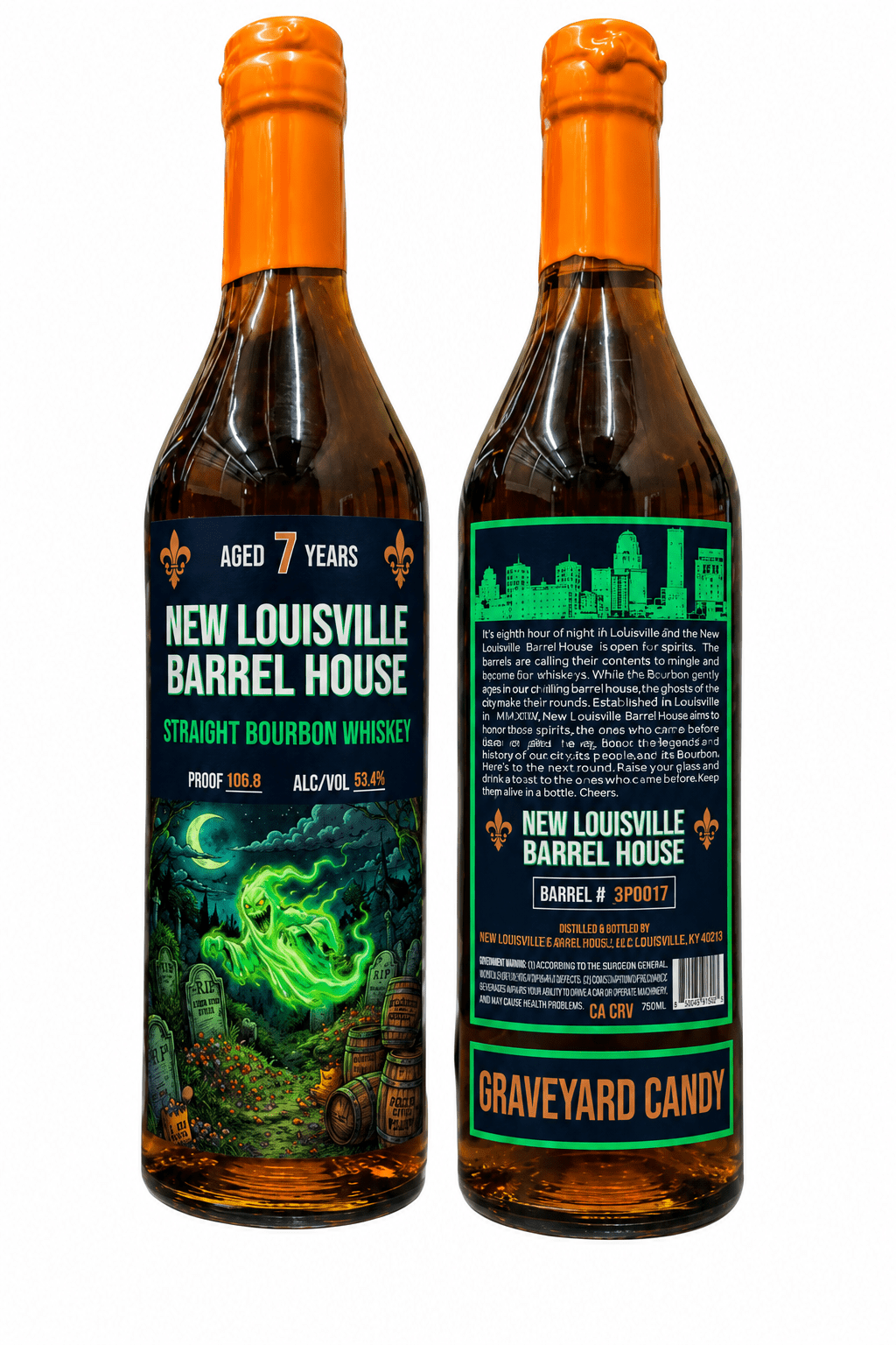 Two bottles of Nulu New Louisville Graveyard Candy Halloween Edition 7 Year Bourbon 750mL (Pre-Order), a limited-edition release featuring vibrant graveyard and city skyline artwork, product details, and distinctive orange wax-sealed tops.