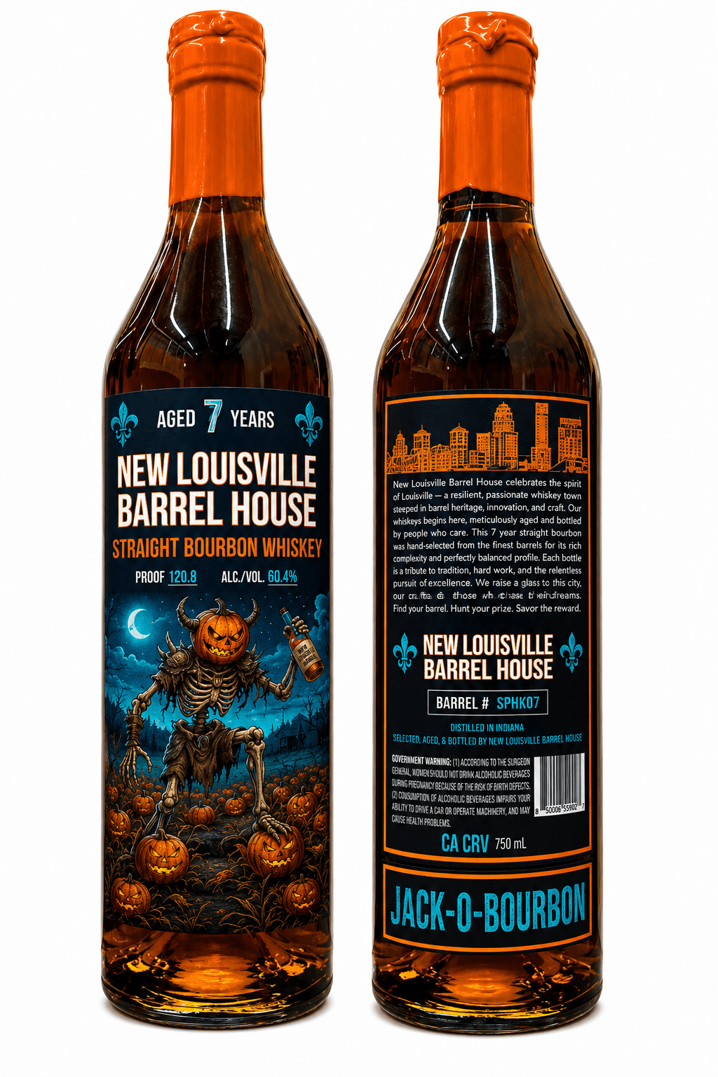 Two bottles of Nulu’s New Louisville Jack-O-Bourbon Halloween Edition 7 Year Bourbon (750mL, Pre-Order), featuring Halloween-themed labels with a skeleton, pumpkins, and bats. The front displays the product name and 7 Year Bourbon age statement; the back includes a description and a QR code for more details.