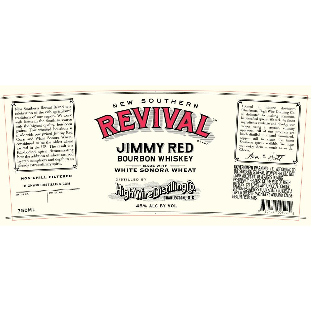 New Southern Revival Jimmy Red Bourbon Made With White Sonora Wheat Bourbon High Wire Distilling   